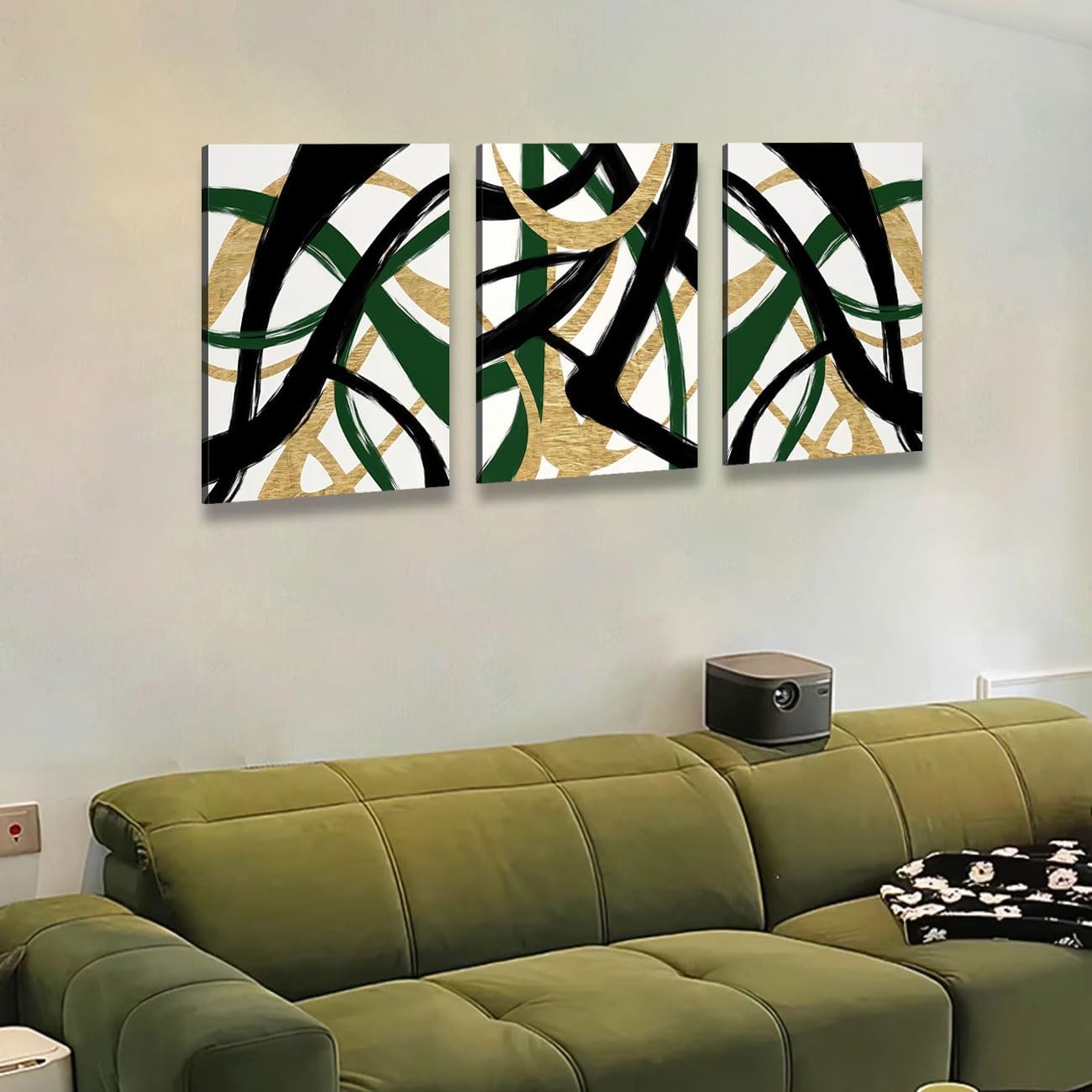 3Pcs Framed work Abstract Lines Canvas Wall Art Modern Black, Green, Gold Geometric Brushwork Prints Posters Abstract Line Images Framed gallery packaging artwork for living room prints, bedroom, office, and home decor 12X16Inch