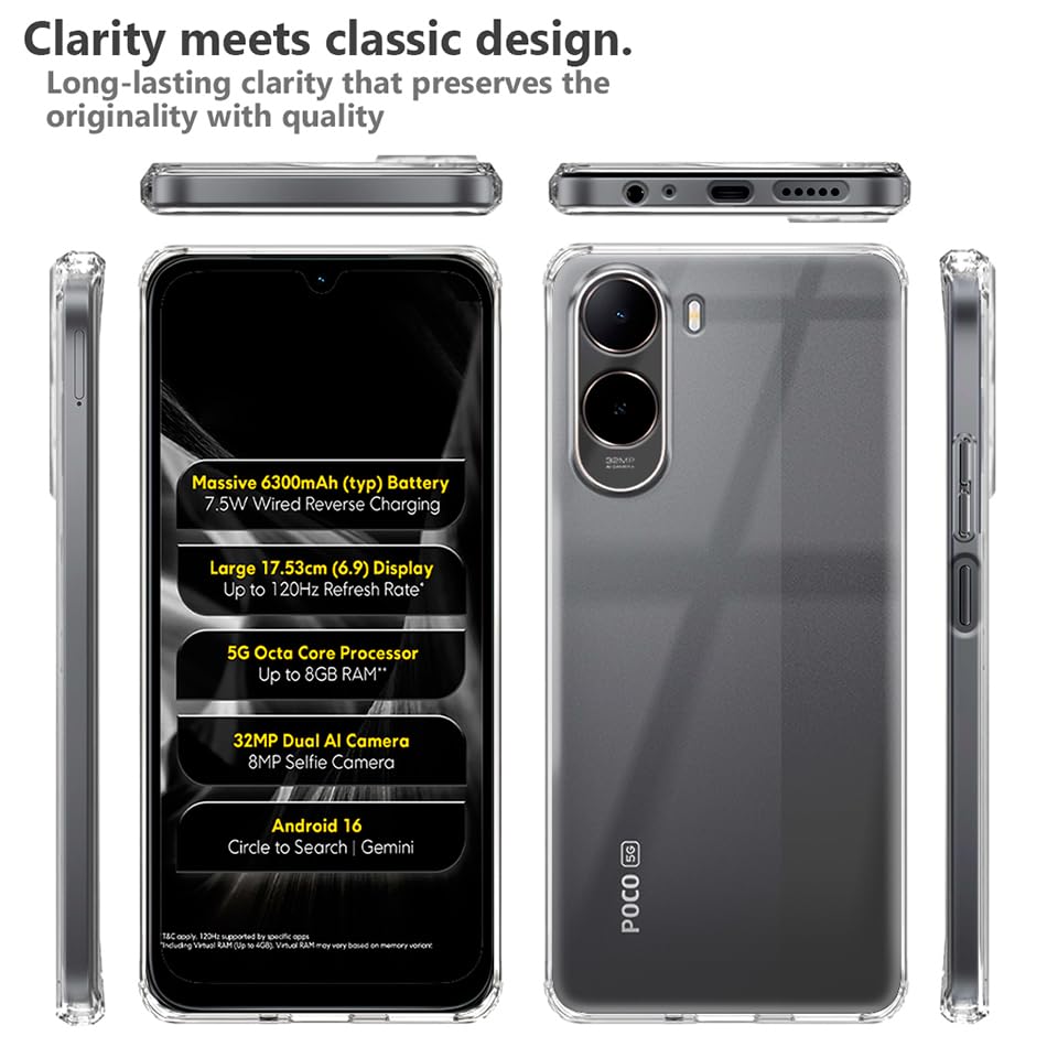 Image of Fashionury Shockproof Crystar Clear Back Case Cover for Mi Redmi A7 Pro 5G / Poco C85X 5G | Transparent Back Case | Raised Bumps for Camera & Screen Protection