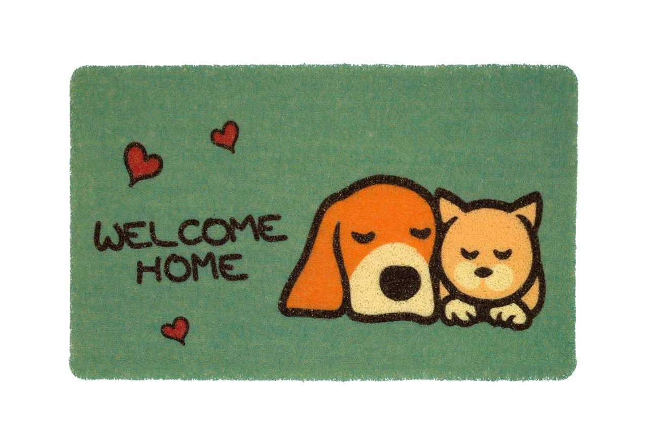 BIANCHERIAWEB Felpudo con rizos de vinilo para entrada de la casa, exterior, antideslizante, varios diseños, 40 x 60 cm, perro y gato, verde