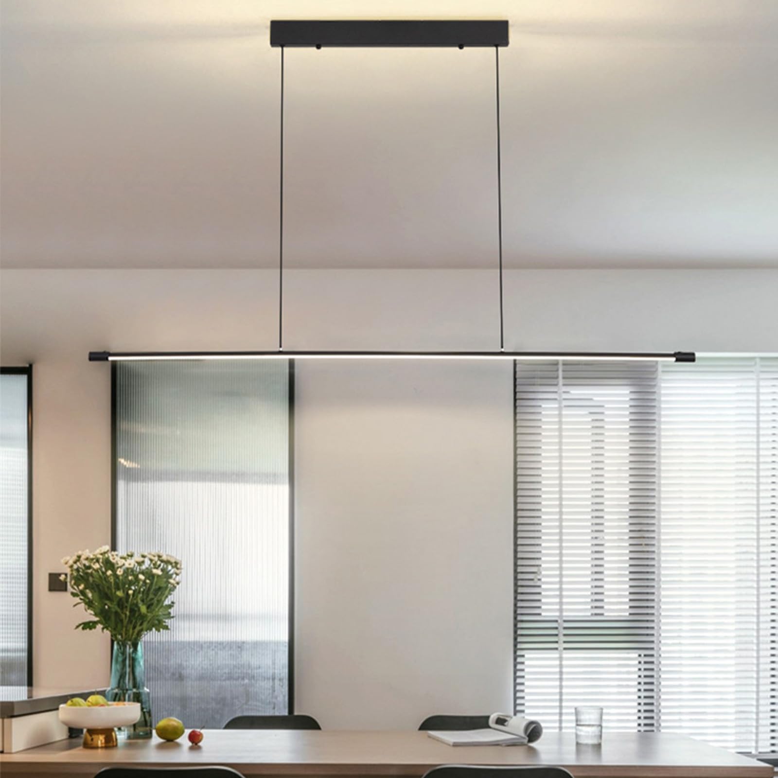 Suspension Luminaire LED Table à Manger avec Télécommande Dimmable 3000K-6000K Pendant Light Moderne Linéaire Hauteur Réglable Suspension Cuisine Salon Bibliothèque Salle à Manger (Blanc,90cm)