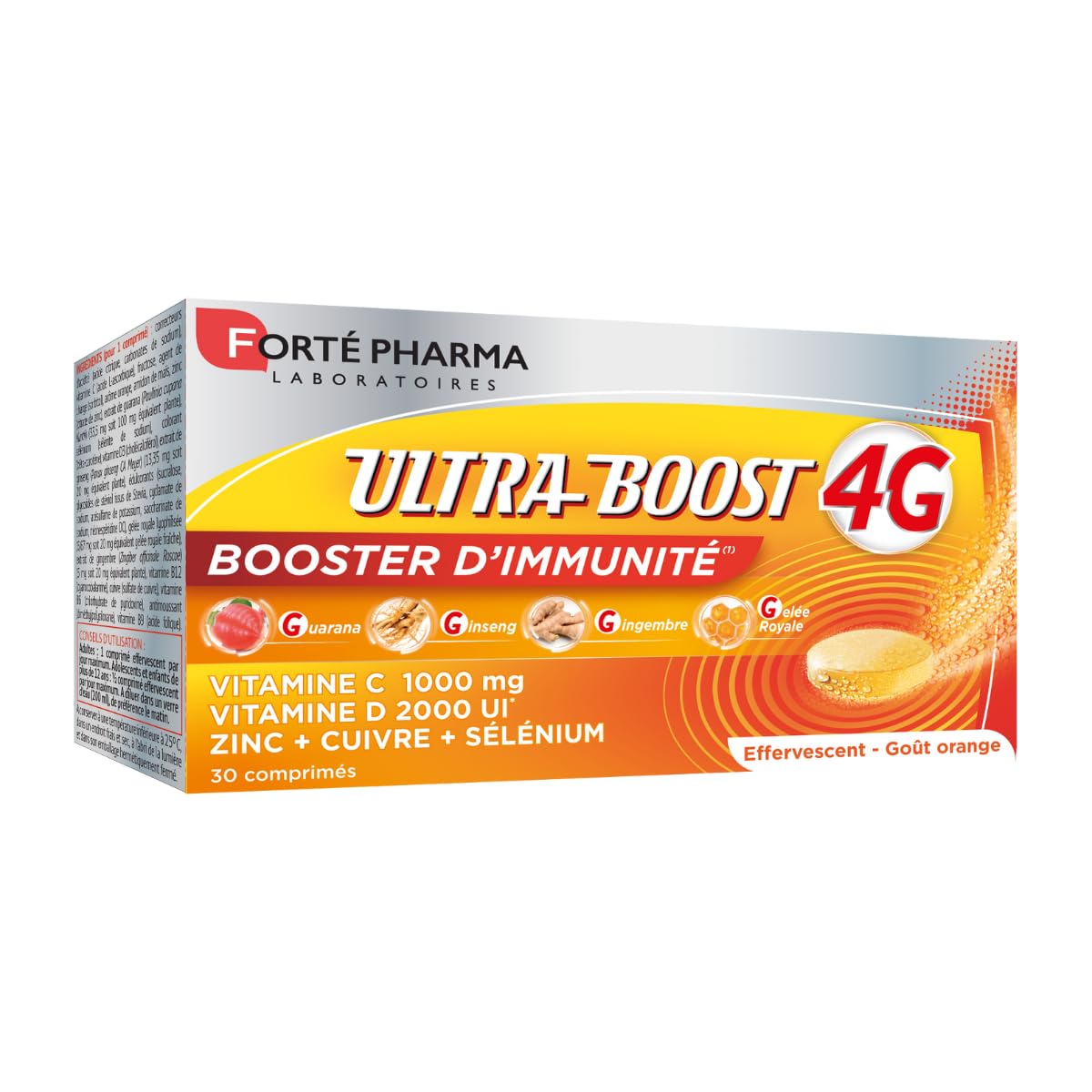 Forté Pharma - Ultra Boost 4G Booster d'Immunité | Complément Alimentaire Booster d'énergie | Vitamine C - Vitamine D - Guarana, Gelée Royale, Gingembre, Giseng | 30 comprimés Effervescents