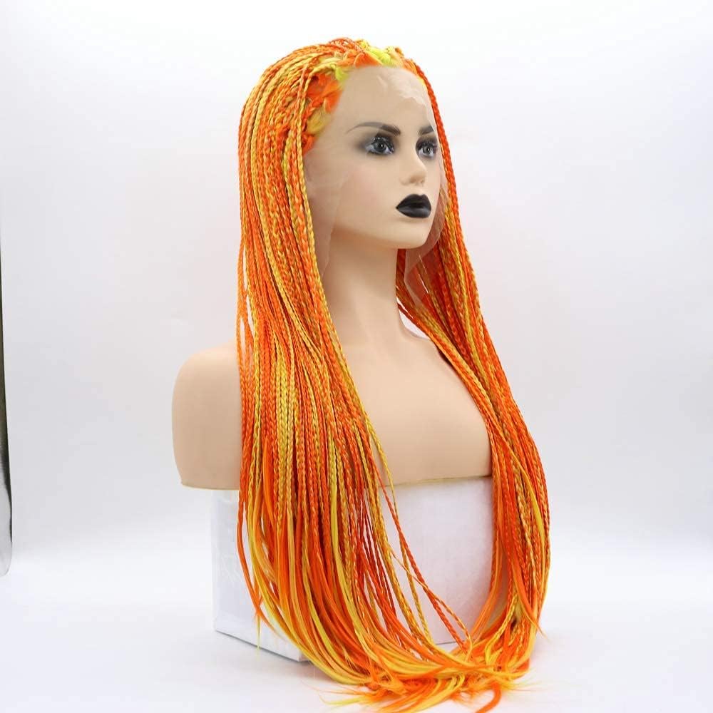 Orange Highlight Yellow Box Braided Synthetic Lace Front Wigs Free Part for Women Heat Resistant Wig Daily Use Drag Queen Cosplay Wigs 26inches (Orange Highlight Yellow)