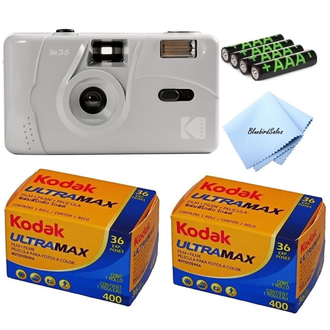 BluebirdSales Kodak M35 Instant Camera Starter Bundle: 2 Kodak GC36 Film + 4 Pack AAA Batteries + Lens Cleaning Cloth (Gray), Compact, Grey