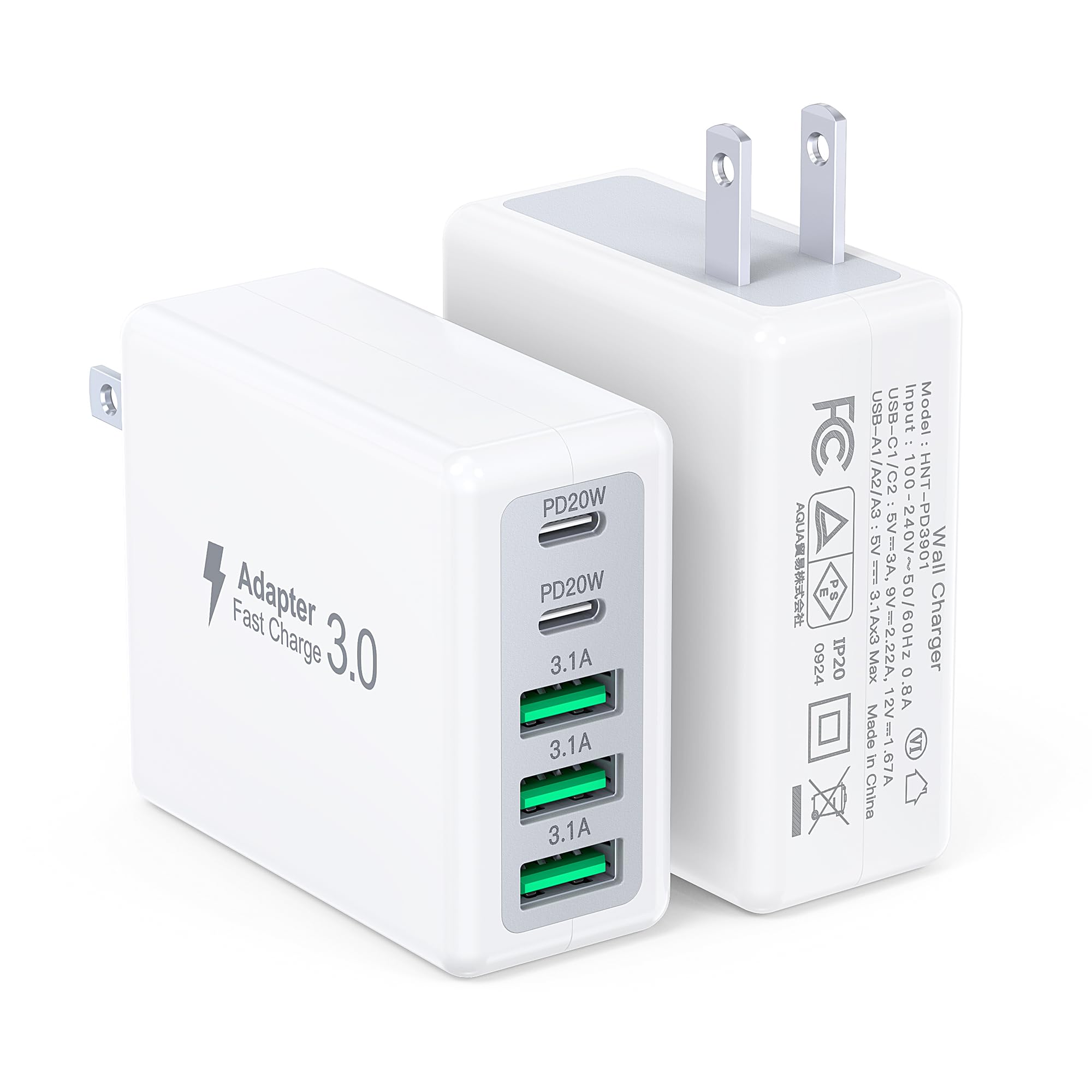 [2-Pack] 50W USB C Wall Charger Block,5-Port Type C Fast Charging Brick Cube Dual PD Power Adapter&QC Multiport Wall Plug Adapter for iPhone 16 15 Pro