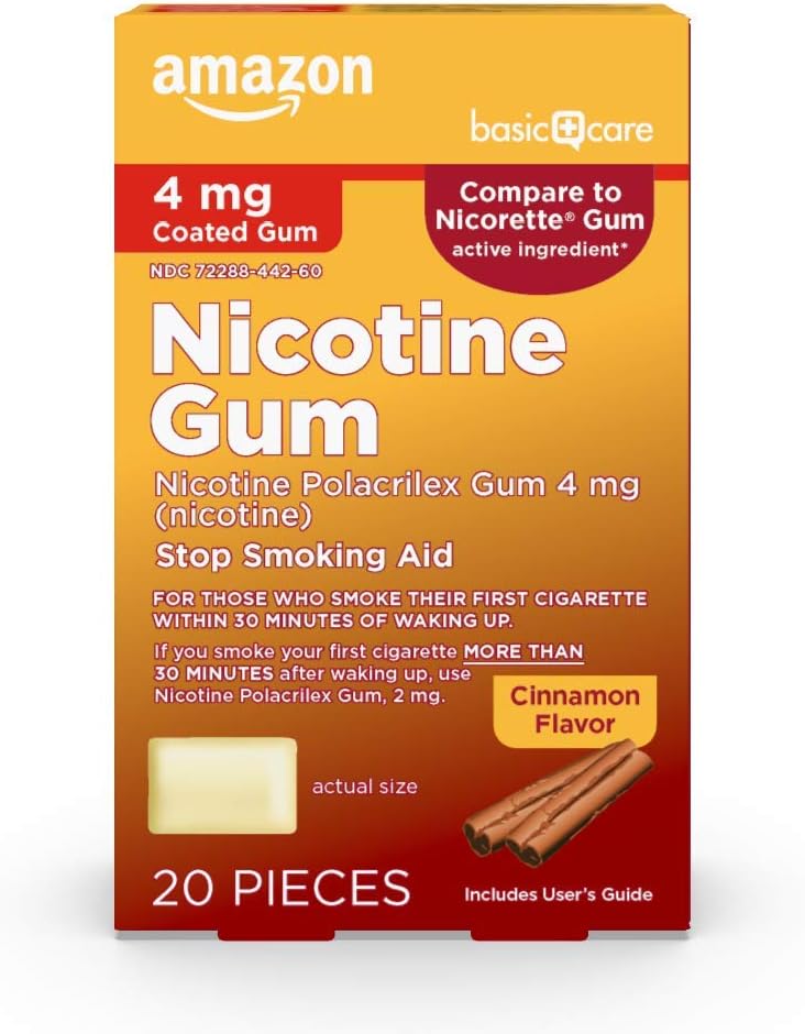 Amazon Basic Care Nicotine Polacrilex Gum, Stop Smoking Aid, Cinnamon Flavor, 4 mg, 20 Count