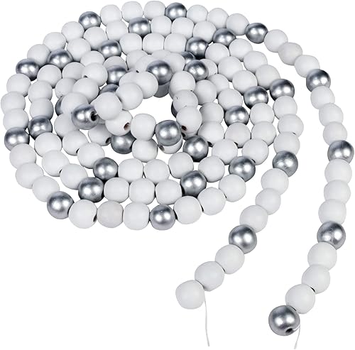 One Holiday Way Guirnalda de cuentas de madera rústica mate blanca y plateada de 9 pies para decoración del árbol de Navidad, cuentas decorativas de