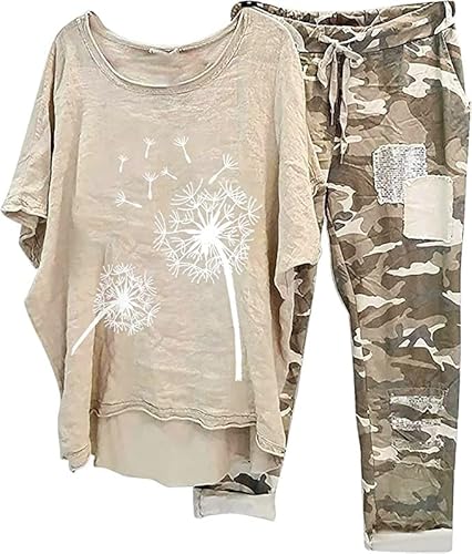 Women Cotton Linen Sets Half Sleeve Crewneck Vintage Blouse And Camouflage Pant Comfy Tracksuit Outfits Oversized #TOP23