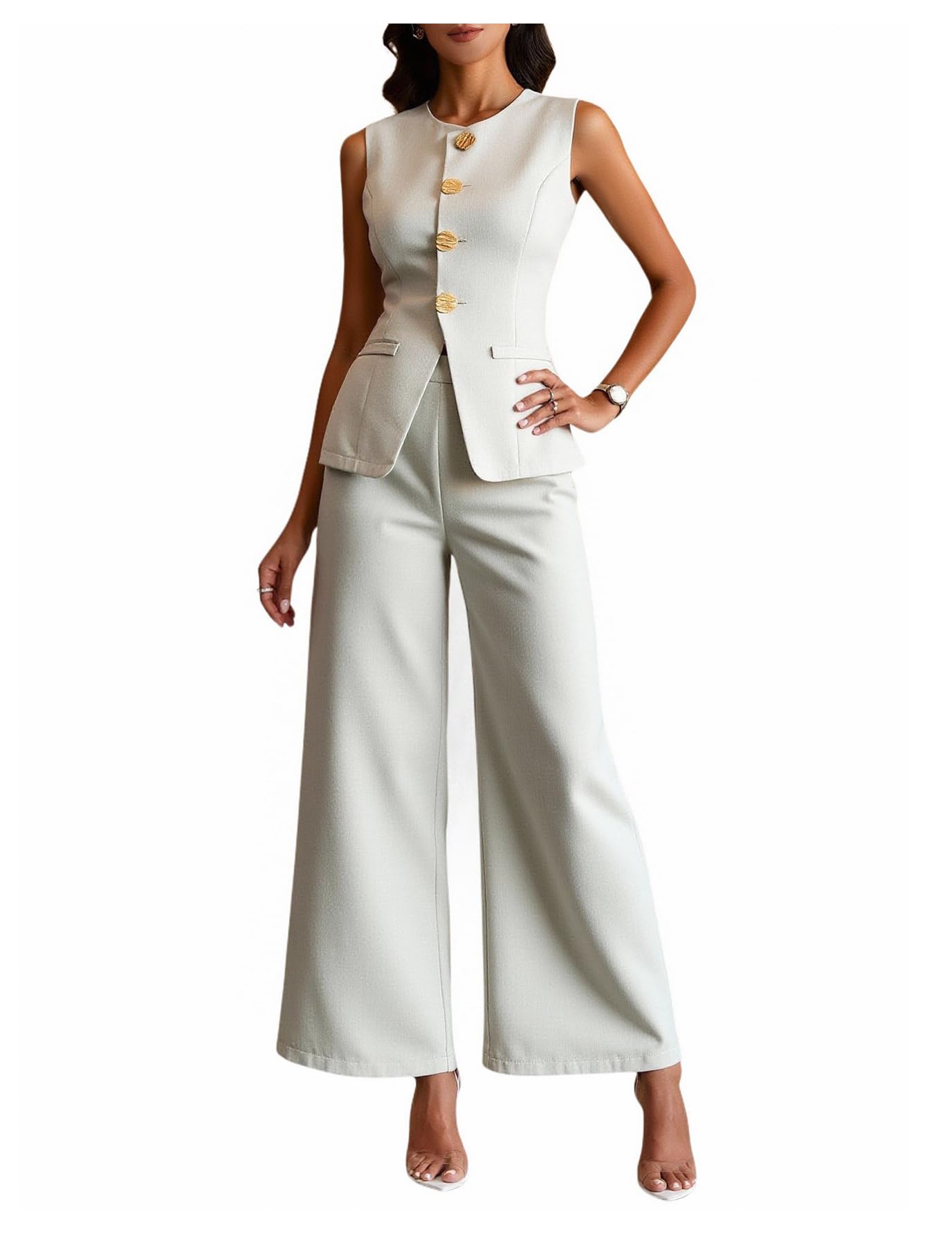 Womens 2 Piece Business Casual Outfits Elegant Button Up Blazer Vest and Wide Leg Pants Set