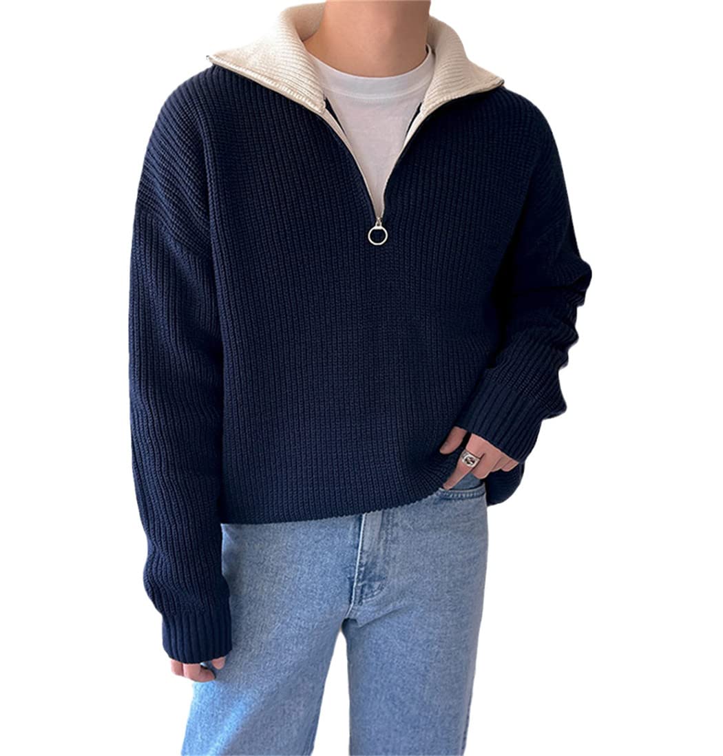Pull à col montant zippé homme chaud manches longues bleu XL