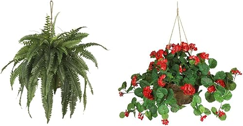 Miniatura 1 de Nearly Natural 6774 - Cesta colgante grande de helecho Boston de 22 pulgadas, verde y 6609-RD de 24 pulgadas, cesta colgante de geranio de planta de