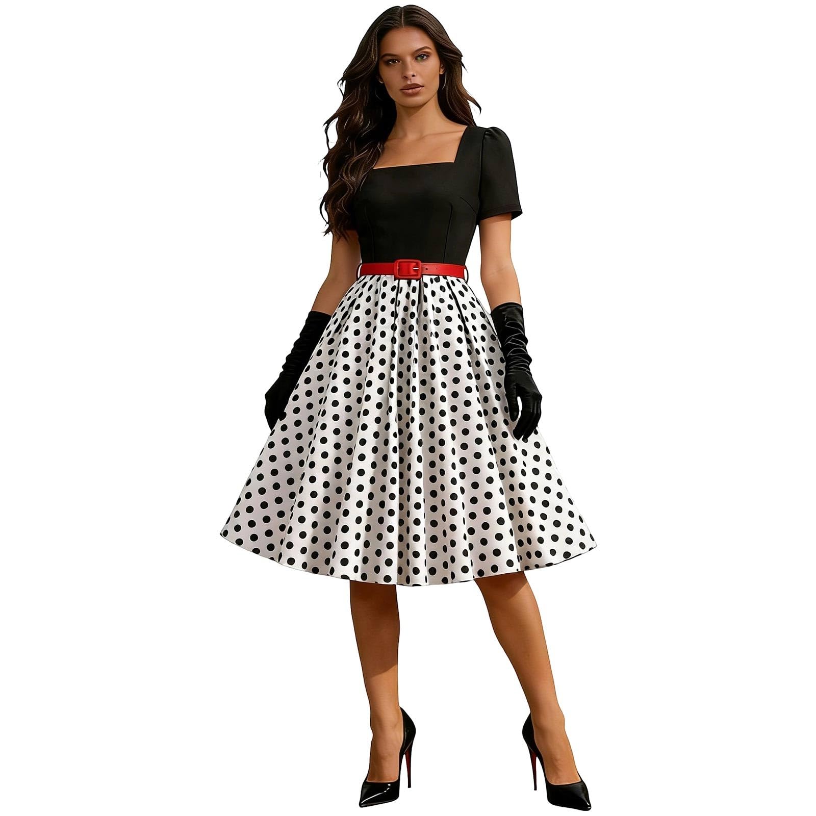 Abito vintage anni '50 Pin Up da donna, abito da guinguette, da donna, anno 50, abito rockabilly, anni '50, maniche corte, a pois, abiti da cocktail swing per carnevale, ballo di fine anno, sera