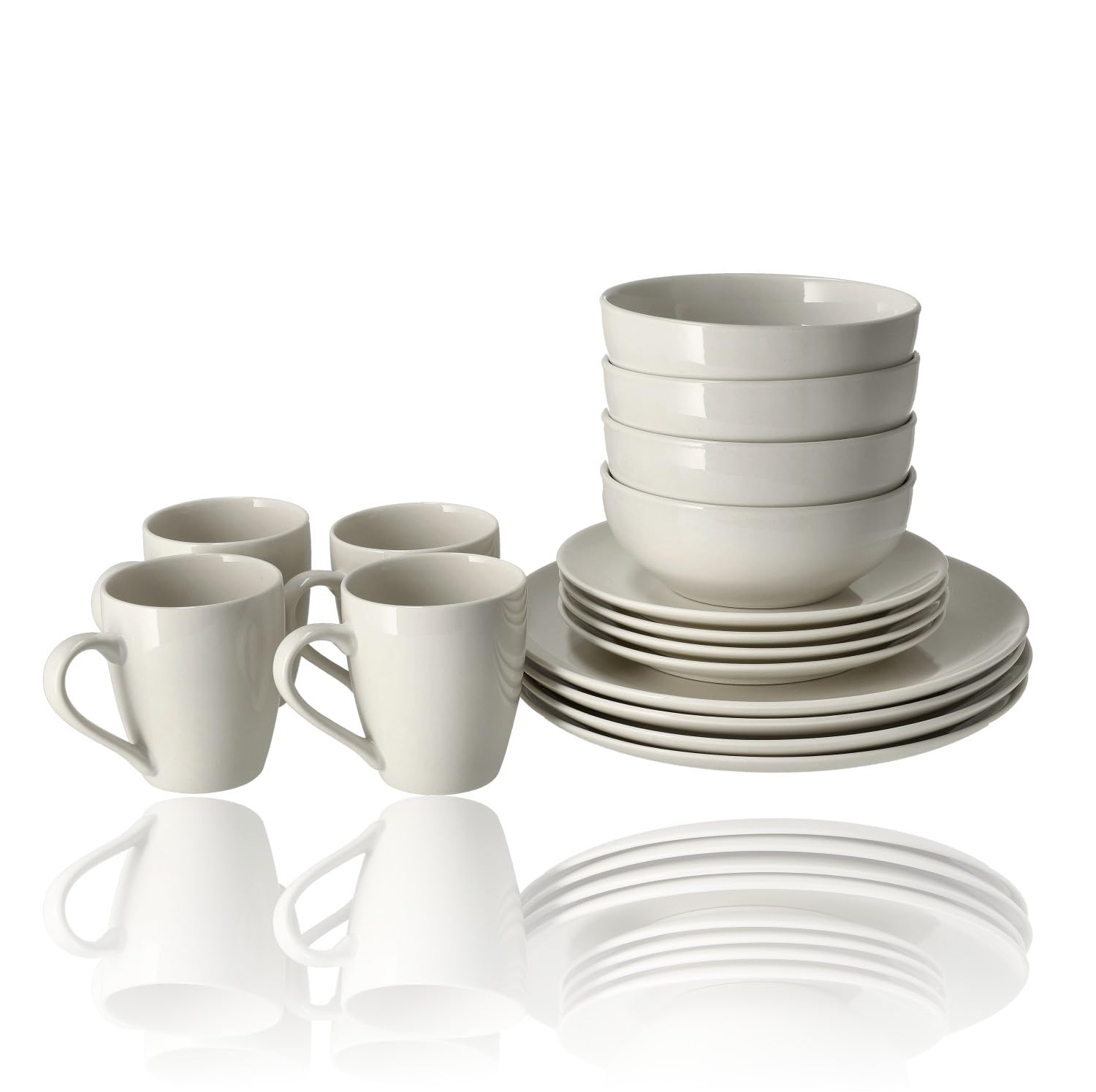 Vajilla blanca de 16 piezas – Vajilla de porcelana para 4 personas – Juego completo de platos con platos, platos de desayuno, cuencos y tazas – Microondas y Lavavajillas Resistente