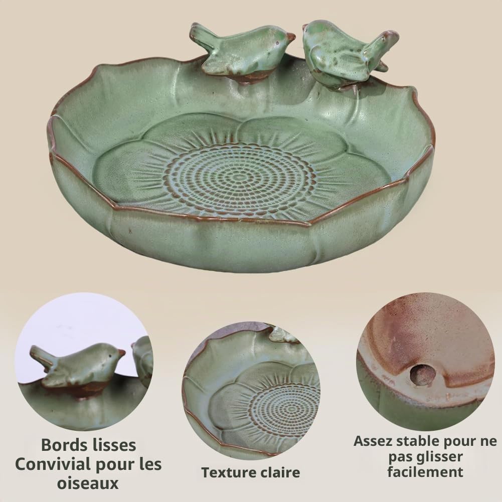 Baignoire pour oiseaux en céramique pour l'extérieur – 24,9 cm – Bol de bain pour oiseaux vert robuste uniquement, mangeoires à oiseaux au sol et gamelle d'eau pour oiseaux, jardin, patio