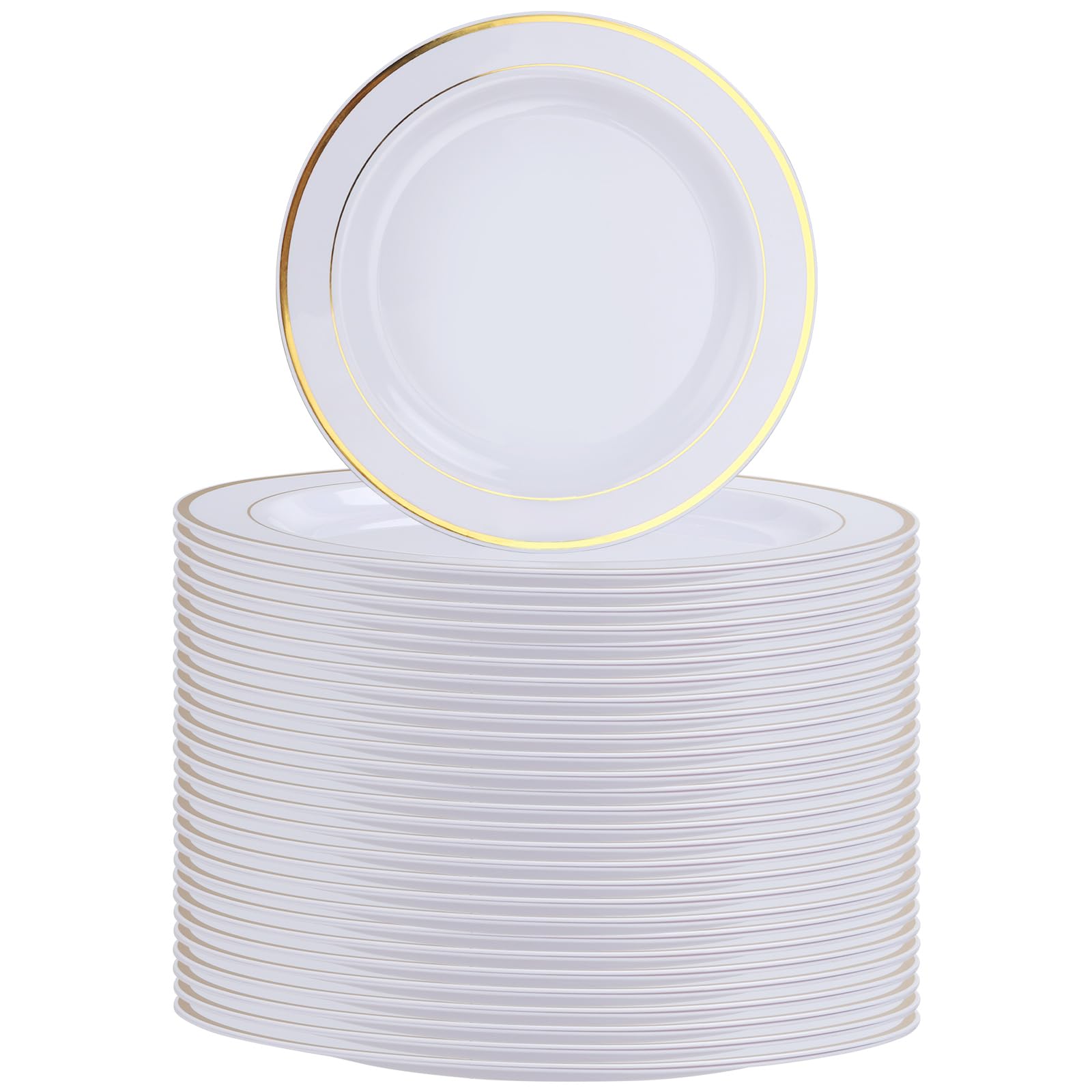 Lot De 40 Assiettes Plastique Blanches Bord Doré 26 Cm - Réutilisables Rigides Pour Fêtes Et Mariages