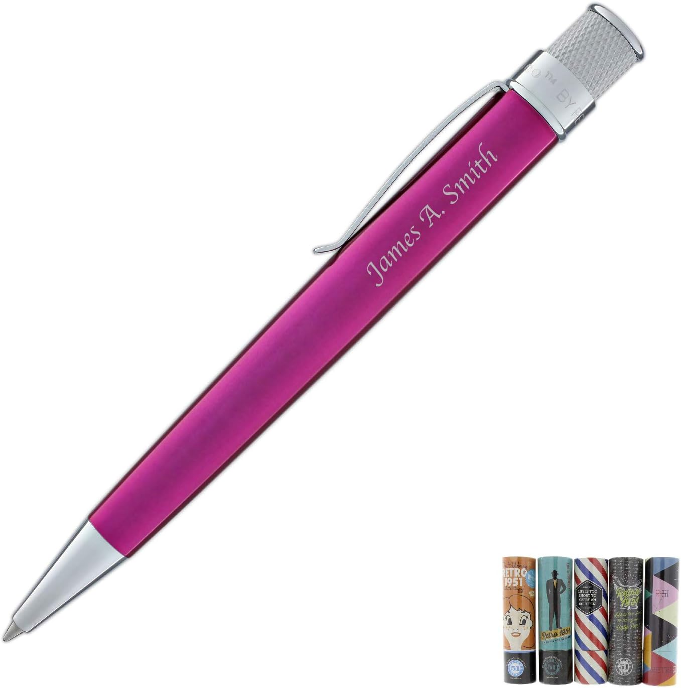 Retro 51 Engraved/Personalized Tornado Collection 'Pink/Chrome' Rollerball Pen with Gift Box - Custom Engraving VRR-1313