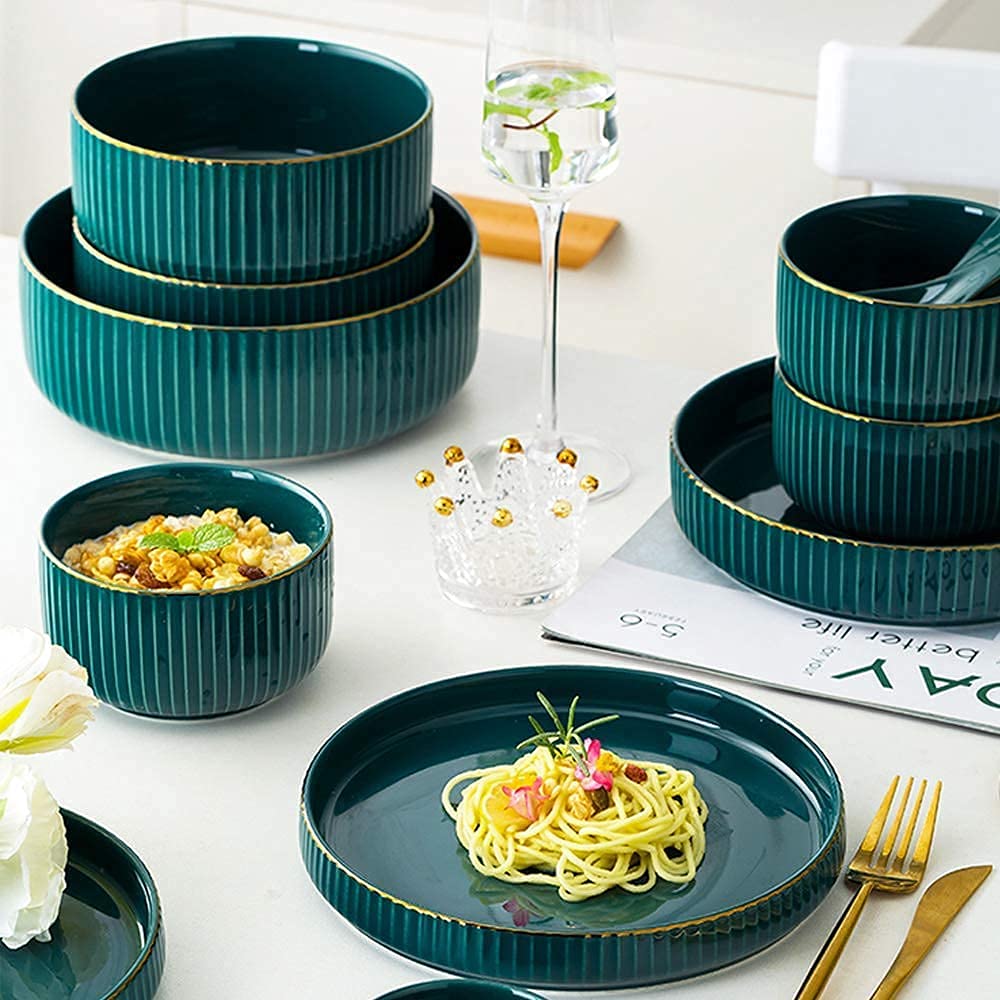 Juego de vajilla para el hogar o Restaurante Especial, Juegos de Cena de cerámica, tazón/Plato/Cuchara|Juego de vajilla con patrón de Borde de Oro Verde Juego de combinación de Porcelana de