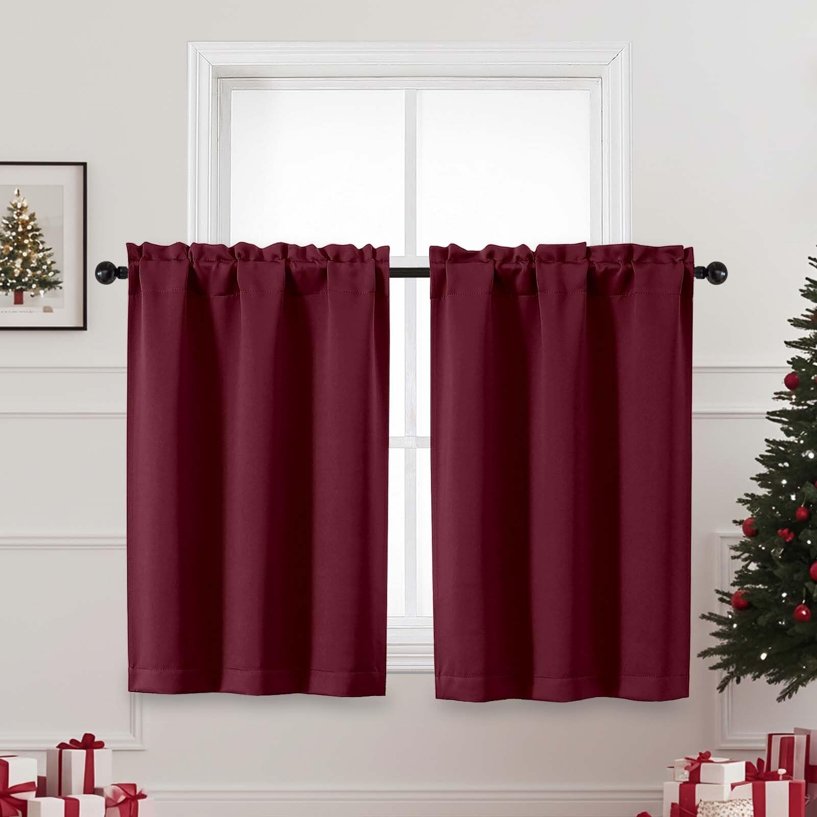 OVZME Christmas Burgundy Kitchen Curtains 36 Inch Length, Thick Solid Small Cafe Window Curtain Over Sink, Blackout Short Curtains for Bathroom Basement, Each 40Wx36L, 2 PCS