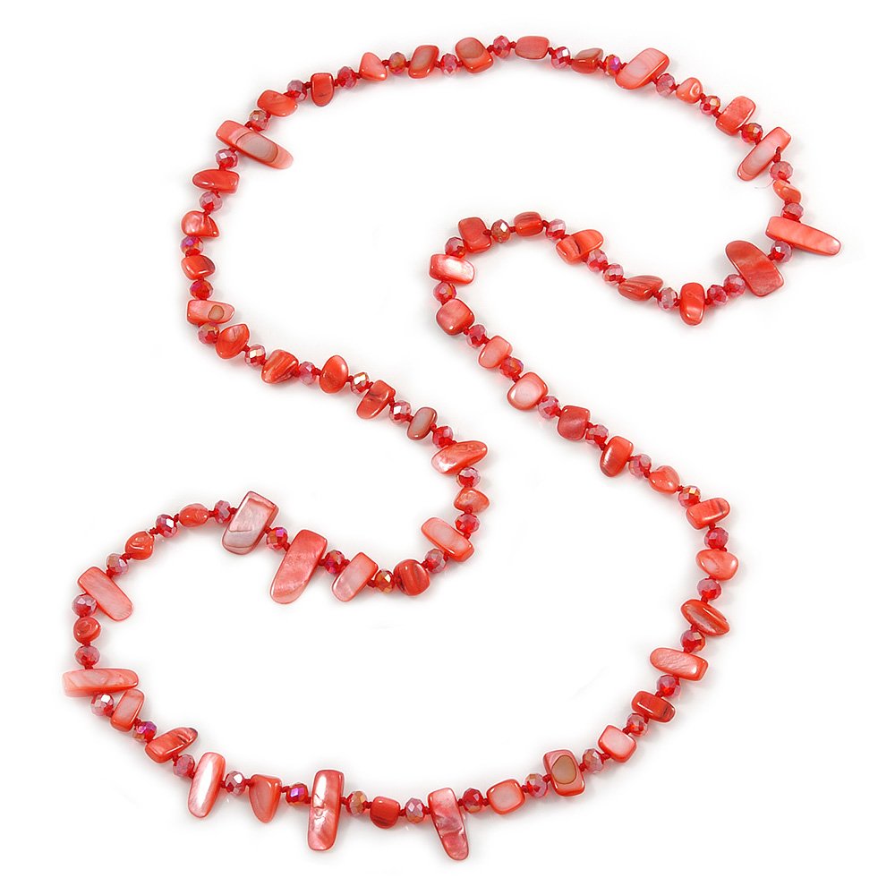 Avalaya Stunning Red Shell Nuggets and Glass Crystal Bead Long Necklace/120cm L