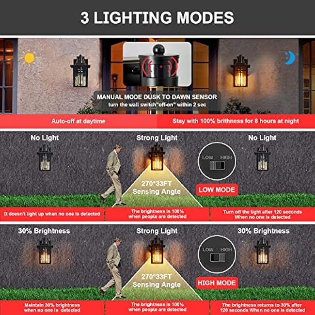 Porch Lights with GFCI Outlet,Dusk to Dawn Motion Sensor Outdoor Lights,3 Lighting Modes Black Front Door Light,Waterproof Exterior Light Fixture,Outside Wall Lamp for House Patio Garage
