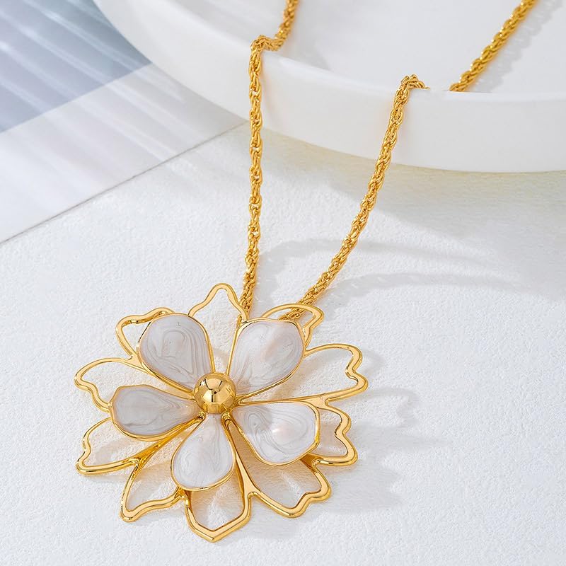 Large Flower Blossom Petal Outline Pendant Necklace For Women Statement Elegant Adjustable Delicate Chain Gold Color White Iridescent - Image 4