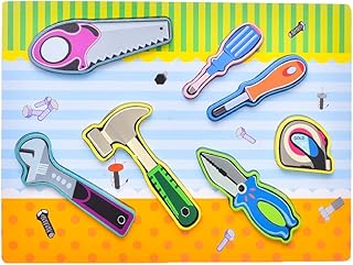 لوح بازل خشبي مستطيل مع أدوات النجار لتنمية مهارات الاطفال، مقاس 30×25 سم، متعدد الالوان، مجموعة من 7 قطعة، طفل