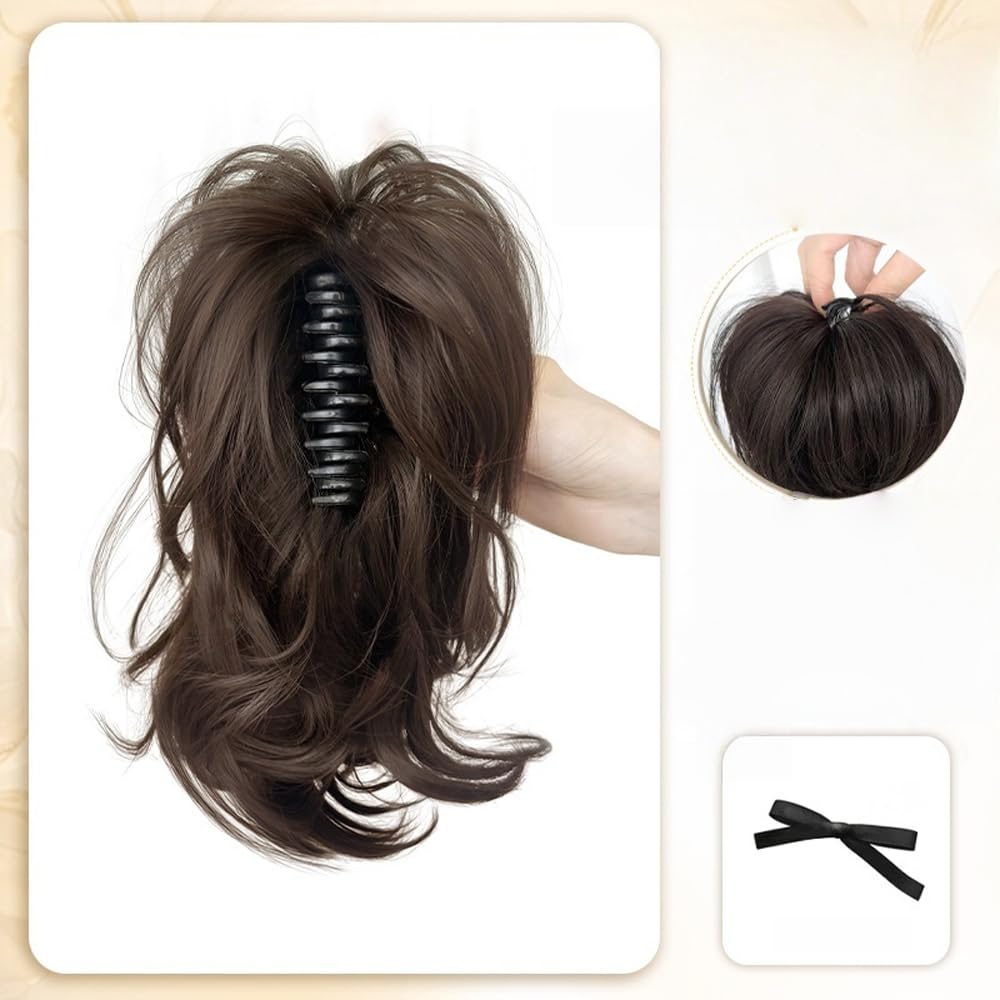 Ponytail Extension Short Curly Hair Ponytail Claw Clip Synthetic Fiber Hairpieces for Women (Cool Brown)