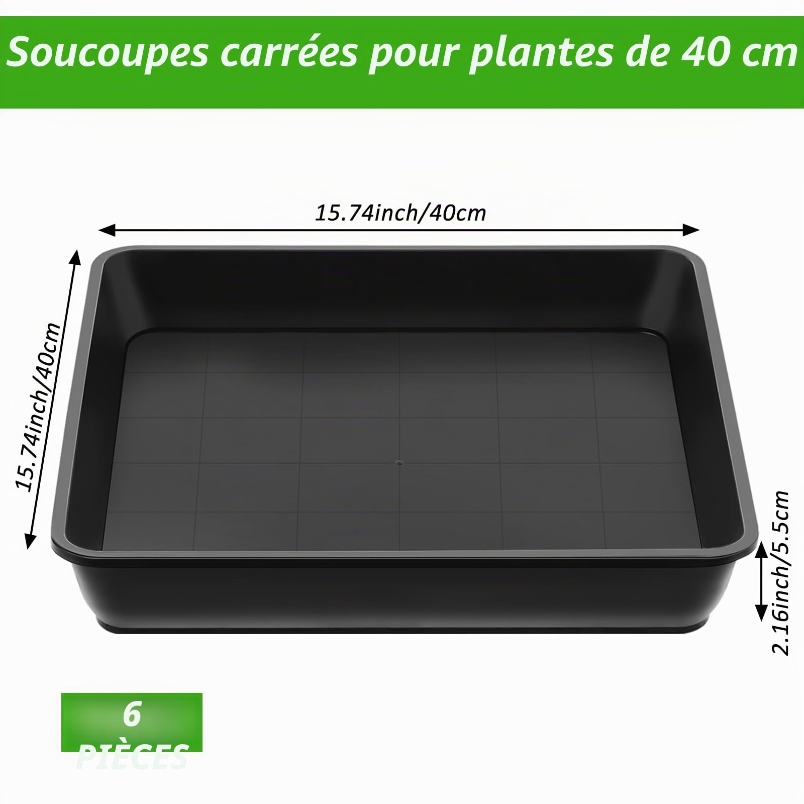 Lot de 6 pots de fleurs carrés - En plastique - Pour plantes d'extérieur et d'intérieur - Rectangulaire - 40 x 40 cm