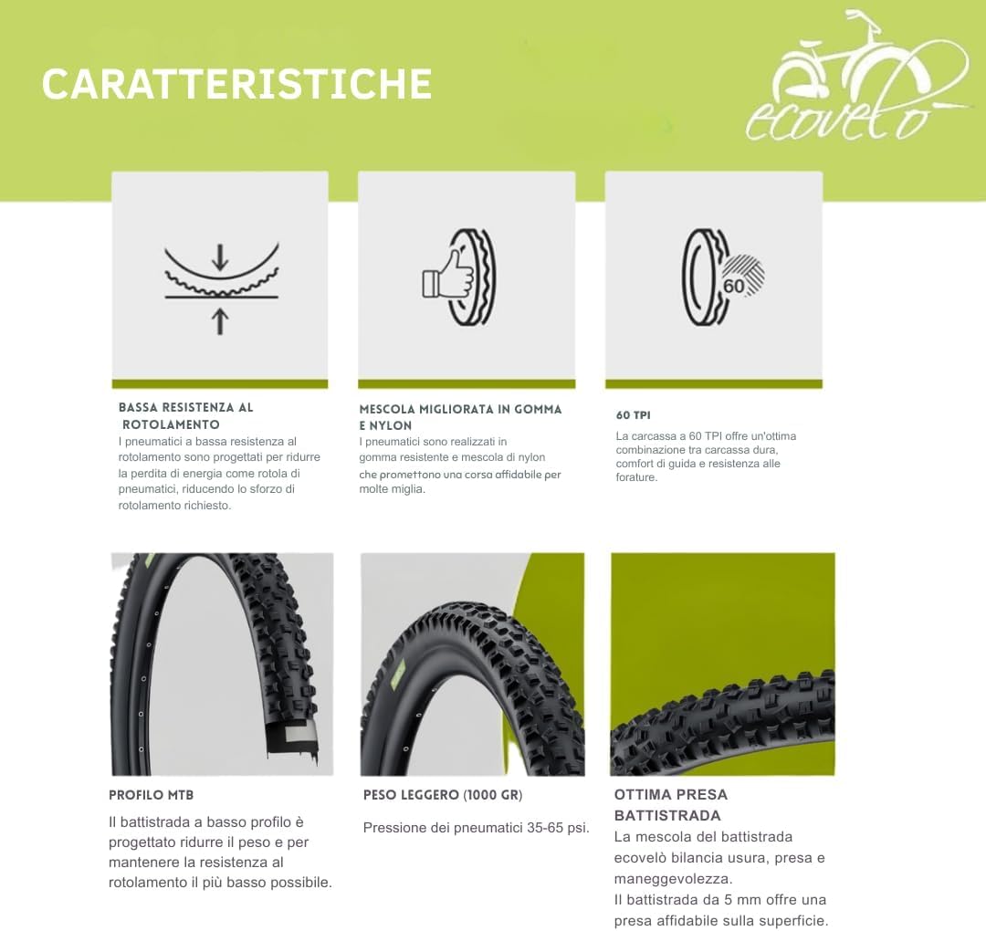2 Copertoni 29 x 2.25 (57-622) + Camere d'aria Pneumatici bici MTB 29 Pollici per Mountain Bike con protezione Antiforatura - Ideale per Percorsi Fuoristrada