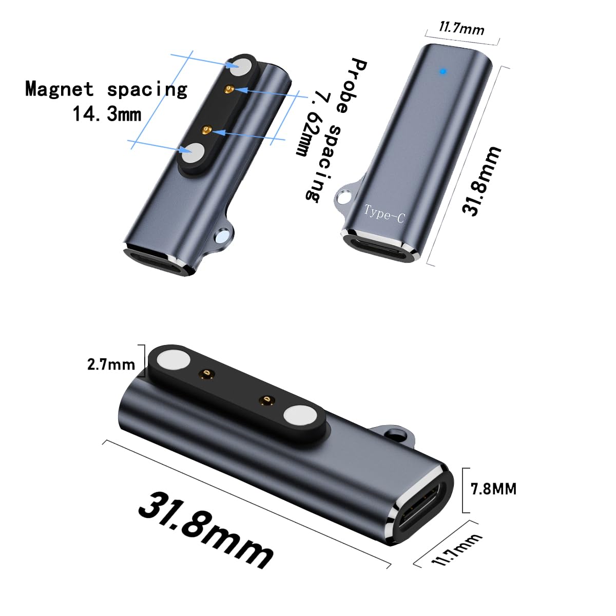 Accessori per Smart Watch, caricatore magnetico di ricambio a 2 pin per Smart Watch, fitness tracker, distanza tra i pin di contatto del cavo, compatibile con 7,62 mm