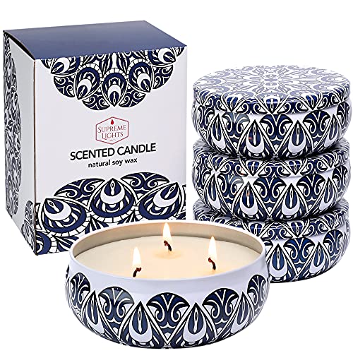 Citronella Candles Outdoor & Indoor, 4 x 12oz Scented Candles Large, Soy Wax 3 Wick Tin Gift Set, 60 Hours Burn Each Candle for Garden Camping Patio
