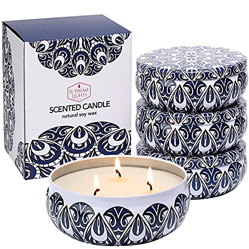 Citronella Candles Outdoor & Indoor, 4 x 12oz Scented Candles Large, Soy Wax 3 Wick Tin Gift Set, 60 Hours Burn Each Candle for Garden Camping Patio, Summer Housewarming Gift