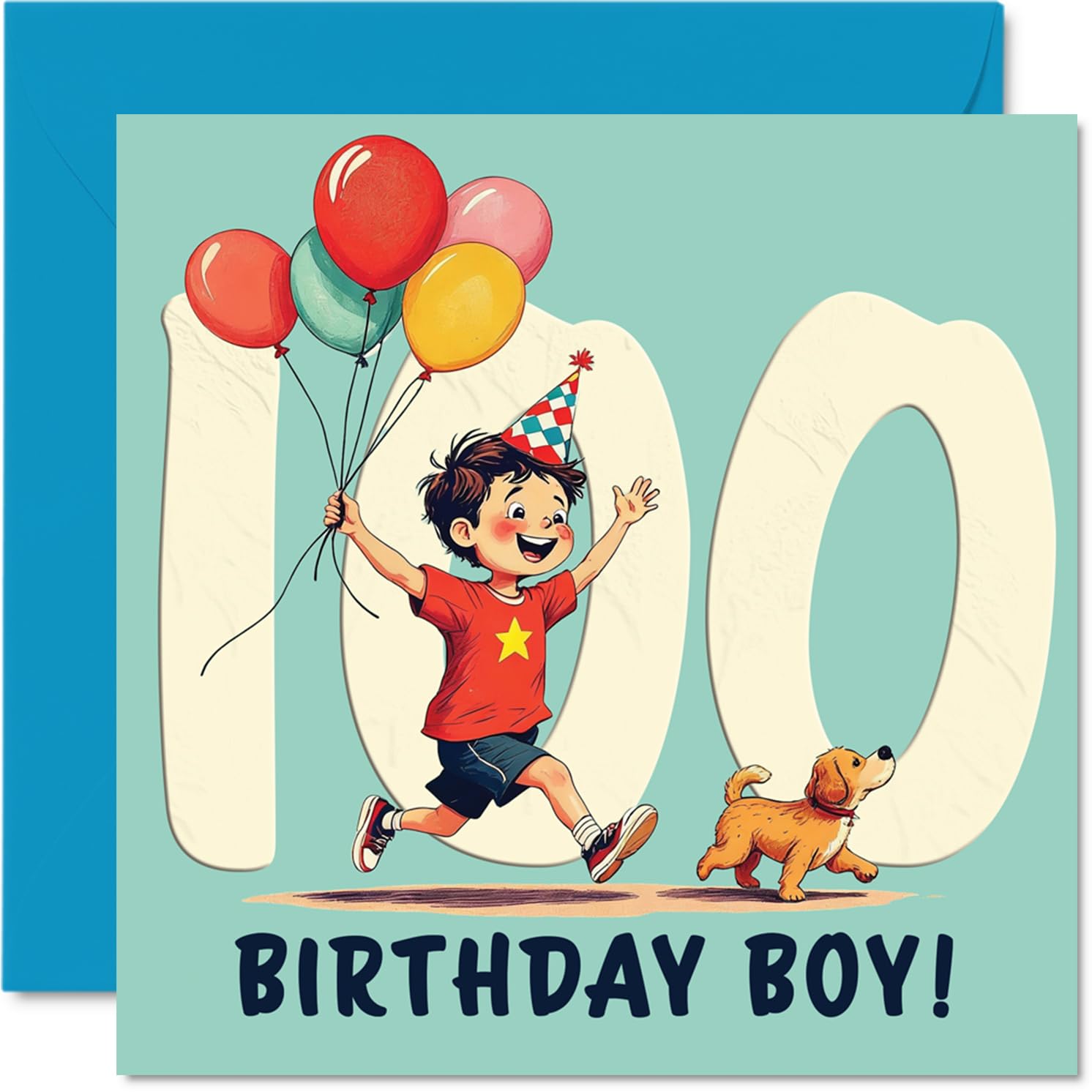 100th Birthday Cards for Men - Balloon Boy - Happy Birthday Card for 100 Year Old Man Dad Husband Great Grandad Grandpa, 145mm Bday Greeting Cards