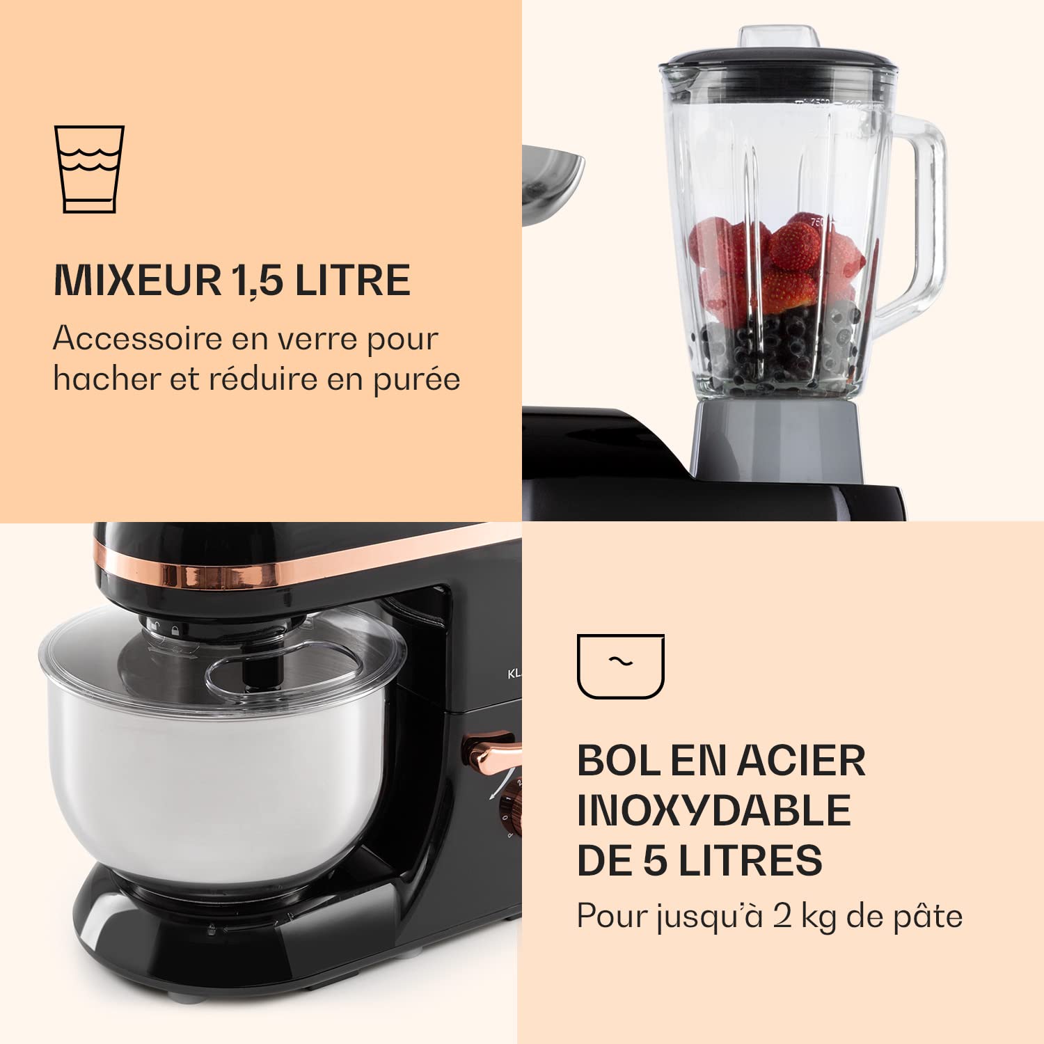 Klarstein Robot Patissier Multifonctions, Batteur sur Socle, Bol 5L, Robot Cuisine 1800W, Blender 1.5L, Multifonction Petrin Boulangerie, Hachoir à Viande, Batteur Electrique Cuisine, 6 Vitesses