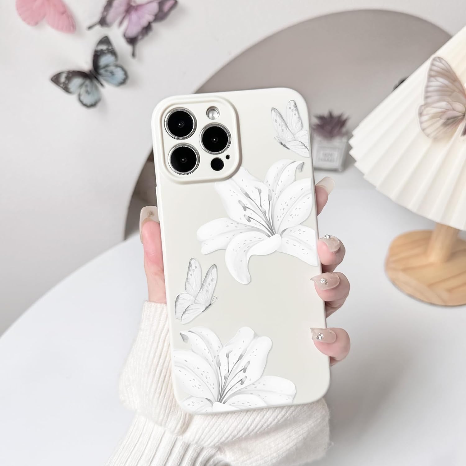 NITITOP Compatible with iPhone 13 Pro Max Case Cute Lily Flowers Floral Butterfly for Women Girls Slim Fit Soft TPU Bumper Silicone Shockproof Full Camera Protective Cover - White - Image 4