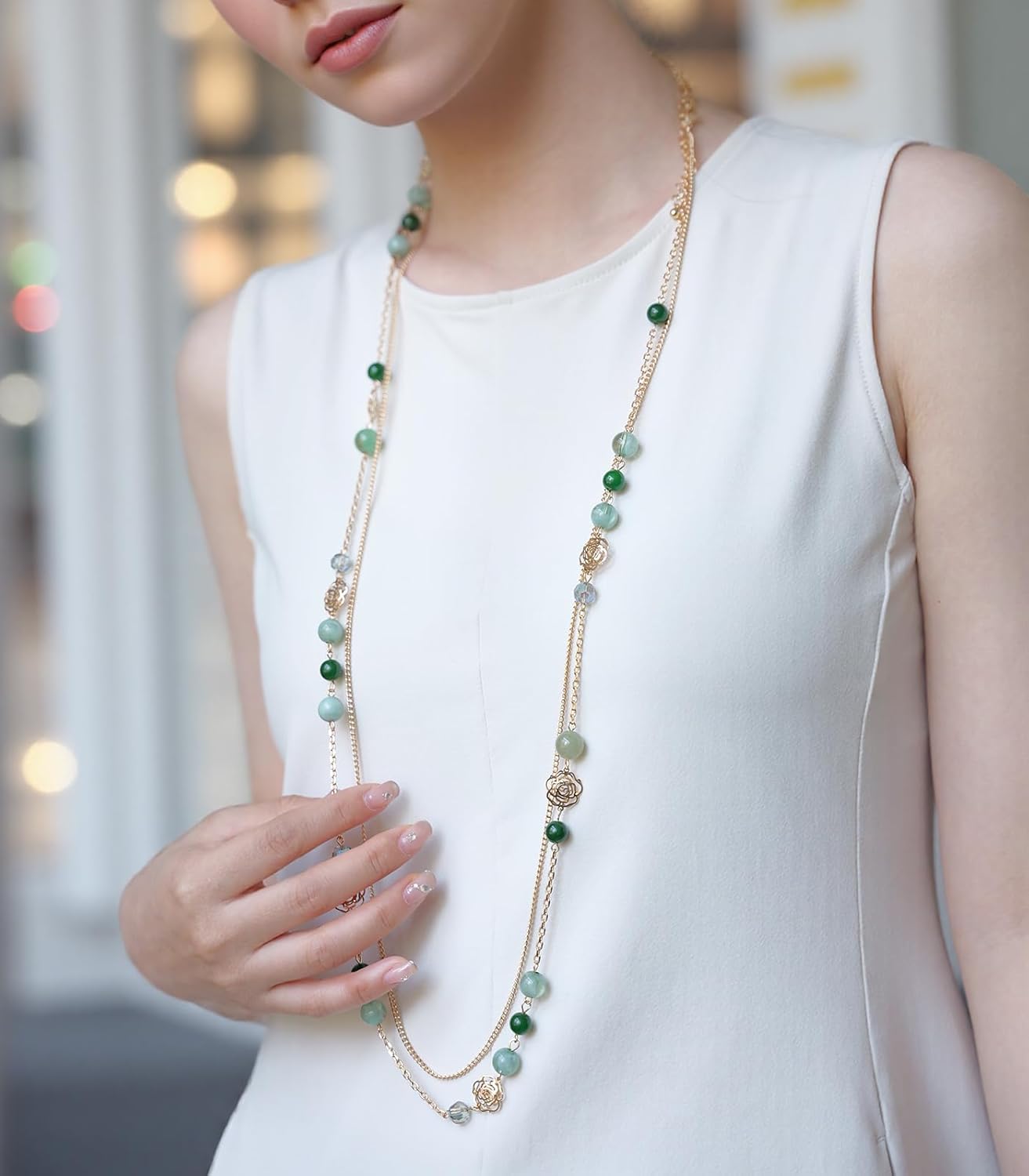 FULU AUTUMN Boho Gold Long Necklaces for Women Natural Stone Beaded Layered Long Necklace Mothers Day Gifts Dainty Flower Costume Jewelry for Women - Image 4