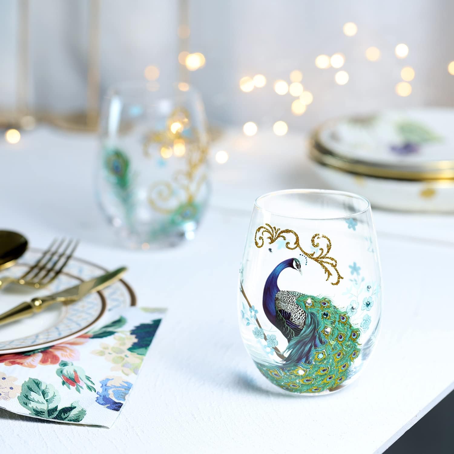 NymphFable Hand Painted Stemless Wine Glass Peacock Glass Set of 2 Wine Tumbler Personalised Gift for Women Friend 18oz - Image 5