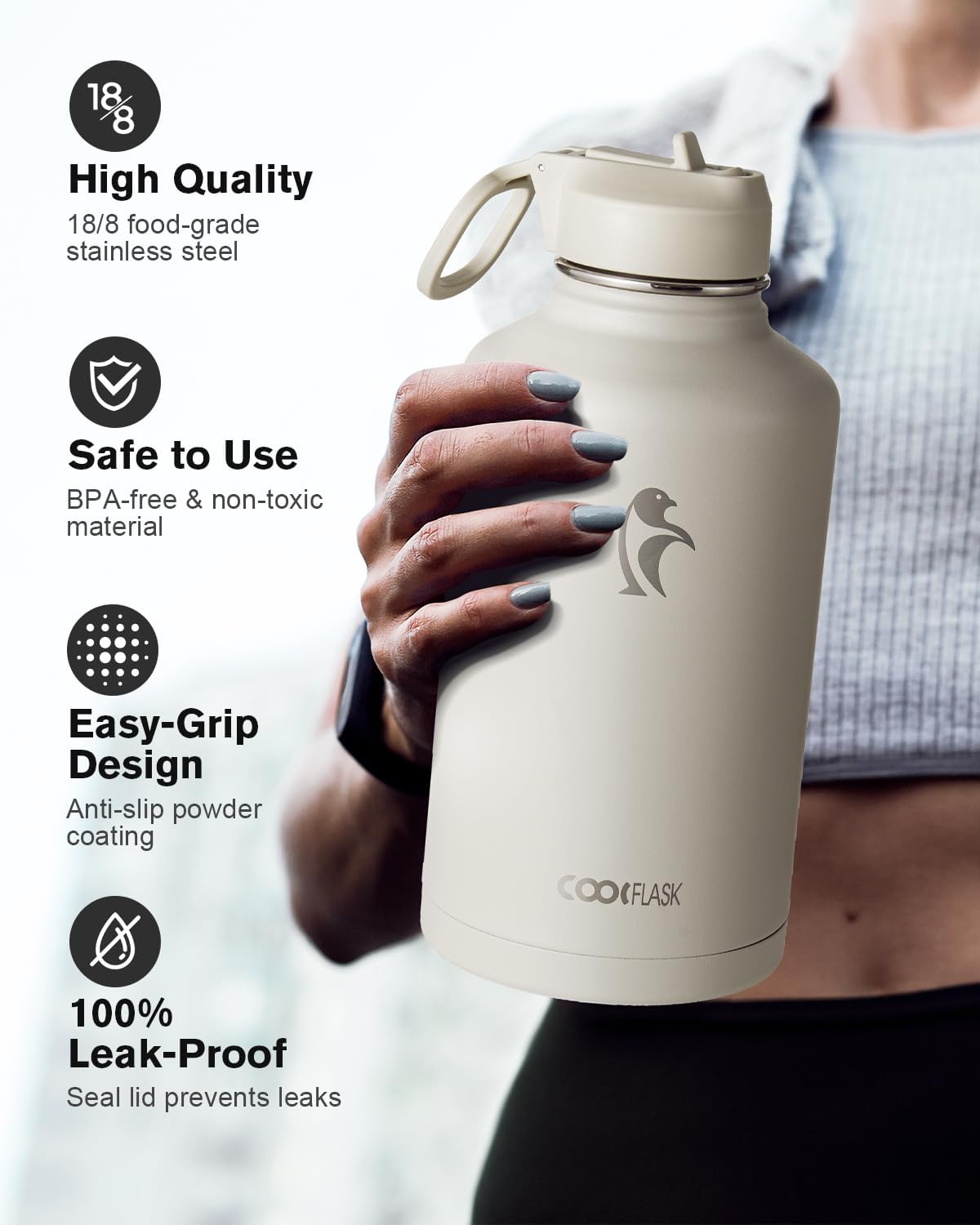 Coolflask Half Gallon Water Bottle Insulated with Straw & 3 Lids, Coolflask 64 oz Water Jug Large Metal Stainless Steel Wide Mouth for Sports, Gym or Office, Non-BPA Keep Cold 48H Hot 24H, Greige thumbnail