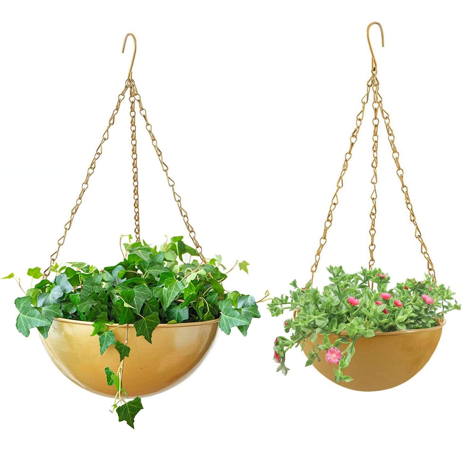 JUSUFU Hanging Planter, Set of 2 Metal Plant Hanger, Modern Wall & Ceiling Decorative Metal Flower Pot Outdoor/Indoor (Gold)