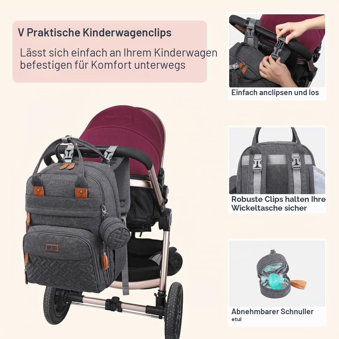 BabbleRoo Wickeltaschen-Rucksack, multifunktional, wasserdicht, Reise-Rucksack mit Wickelunterlage und Kinderwagengurten und Schnulleretui, Unisex und stilvoll (dunkelgrau)