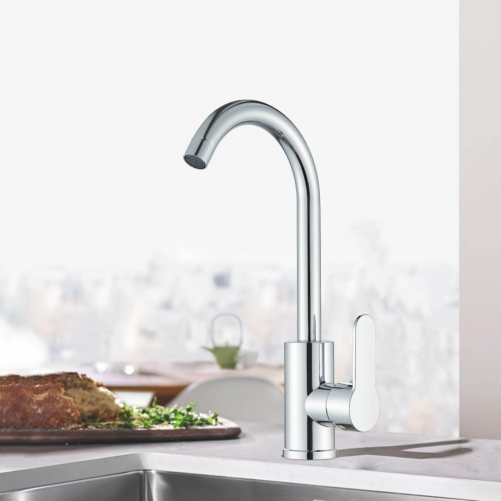 Wasserhahn Küche Küchenarmatur mit Einhebelmische 360° Drehung Hochdruck Spültischarmatur Mischbatterie Küche Edelstahl Küchenarmatur mit Hoher Auslauf, Chrom