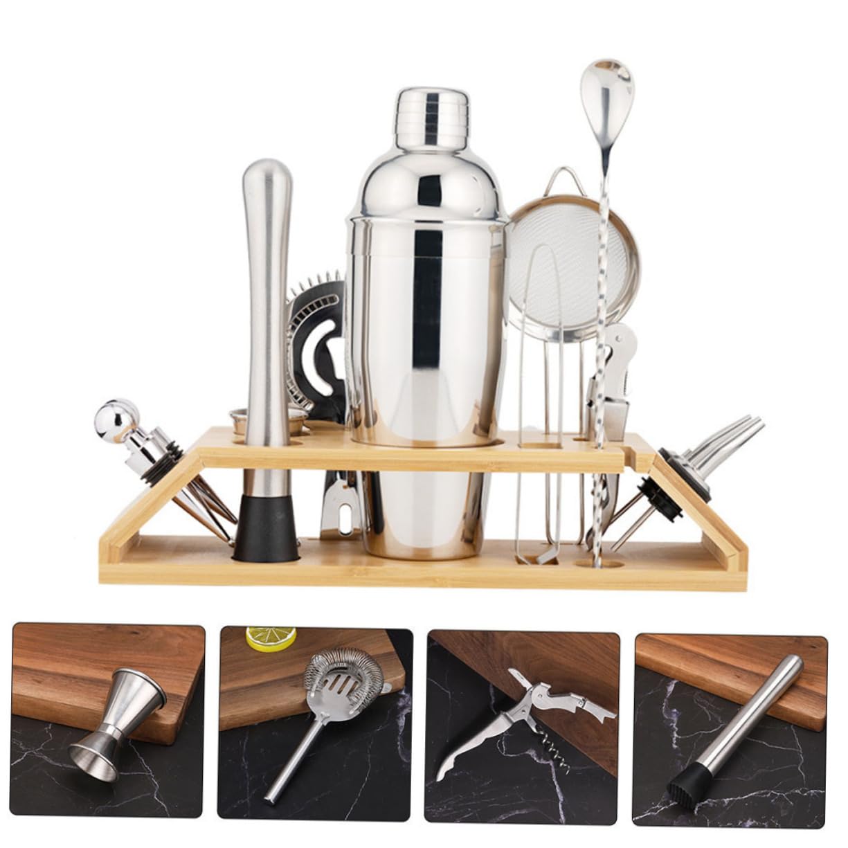 Set Shaker da Cocktail Professionale 13 Pezzi in Acciaio Inox e Bambù, 550ml, Completo per Bar e Casa, per Cocktail e Aperitivi
