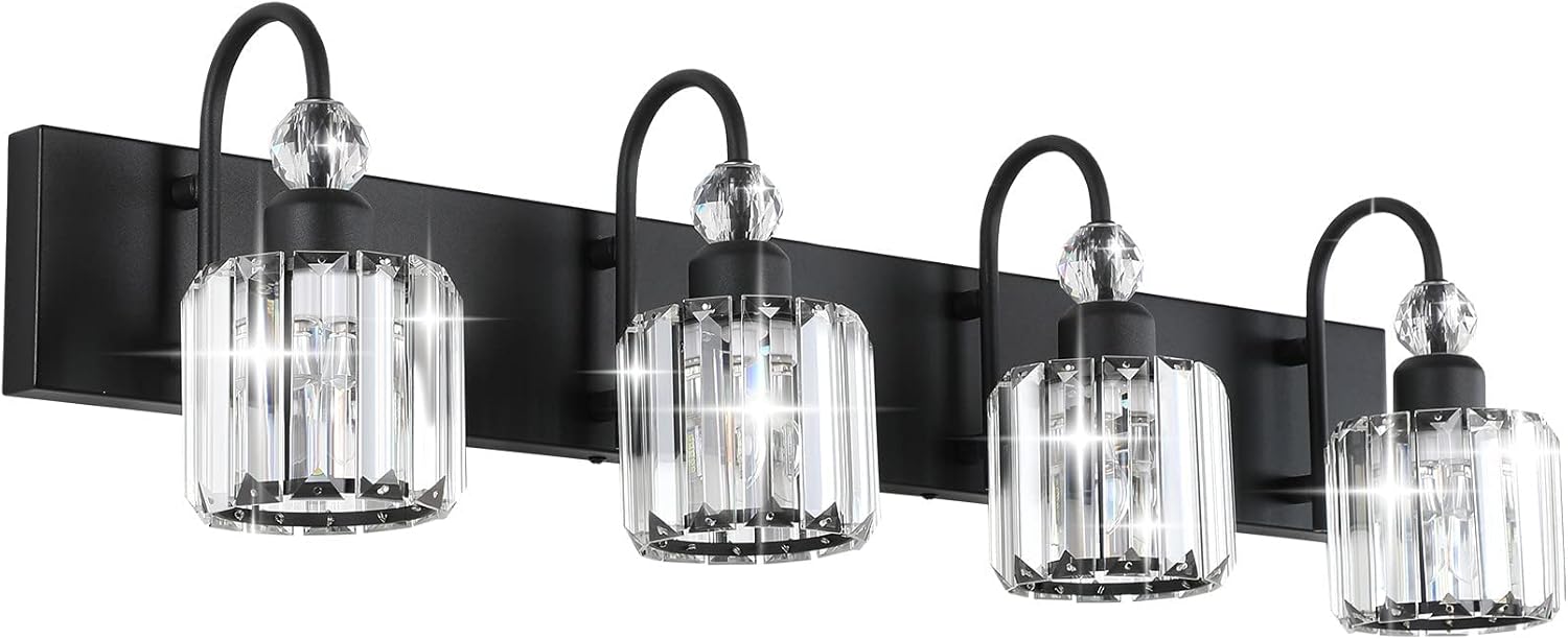 Ralbay Modern Black Vanity Light 4-Lights Modern Crystal Vanity Lights for Bathroom Matte Black Crystal Bath Wall Light Fixtures Modern Black Crystal Bathroom Light Fixtures Round-Black 4-light