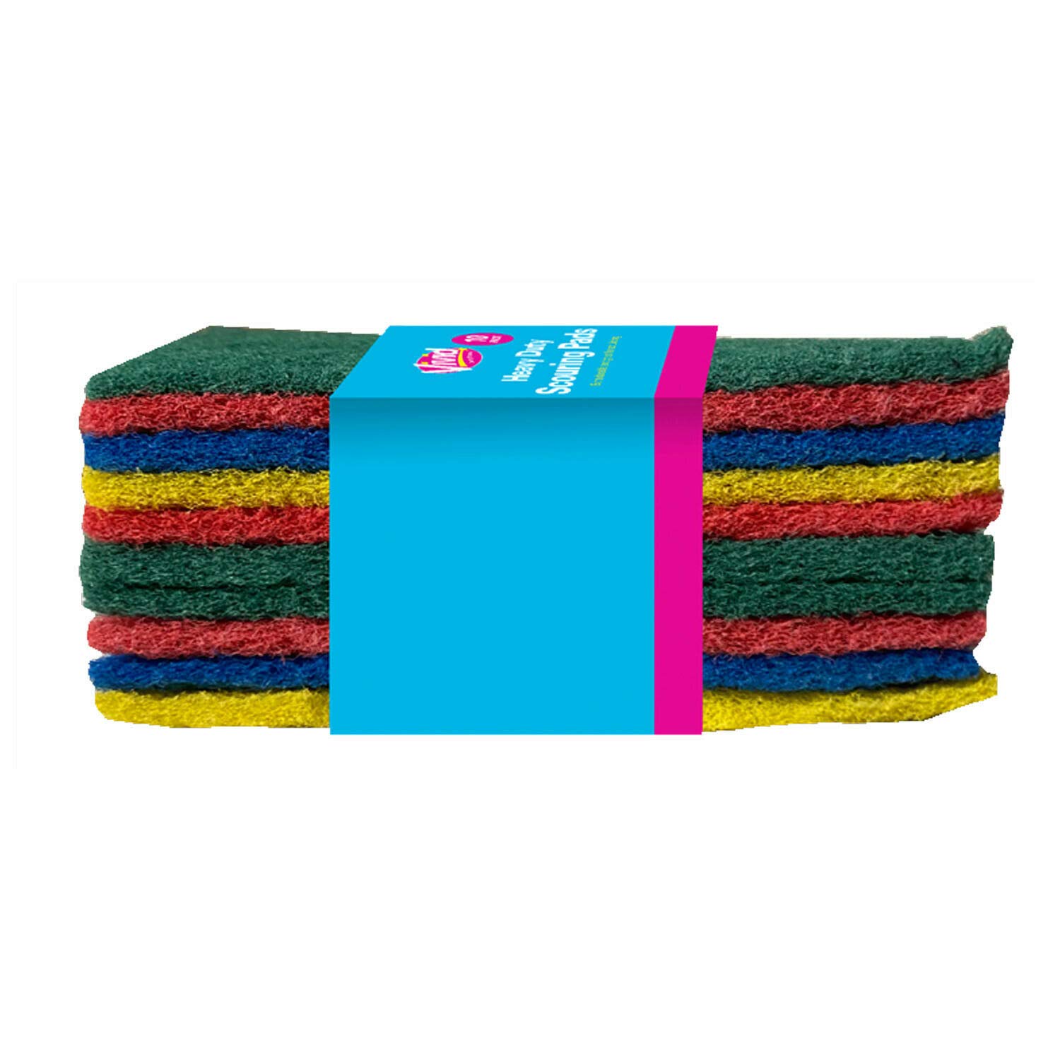 8 Heavy Duty Coloured Scouring Pads | 1 Pack of 8 Sponges | Flat Scouring Pad Classic Cleaning Sponge & Scourer Pads