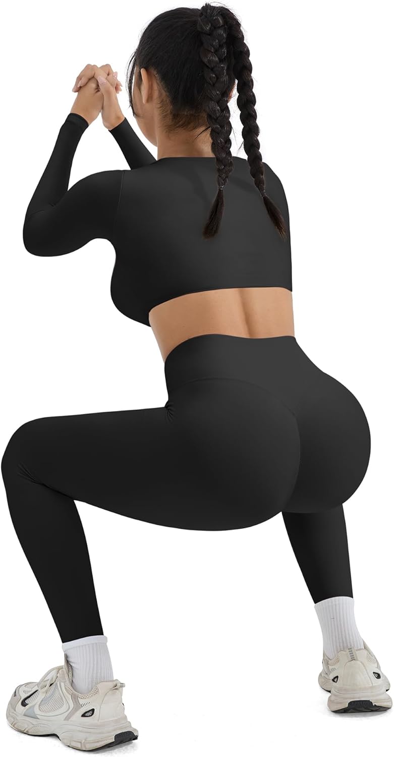 SUUKSESS Women 2 Piece Workout Sets Compression Tummy Control Leggings with Pockets Long Sleeve Square Neck Padded Crop Tops - Image 3