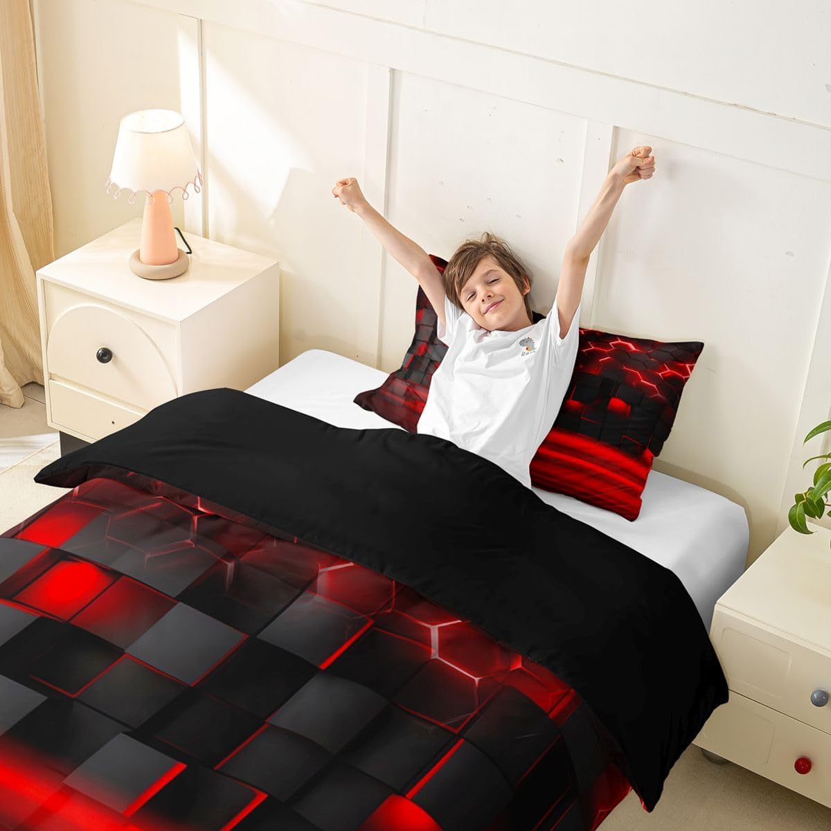 Feelyou Red Duvet Cover Toddler Size Geometric Bedding Set for Boys Girls Modern Abstract Art Comforter Cover Luxury Bedroom Decor 2Pcs Strip Lines
