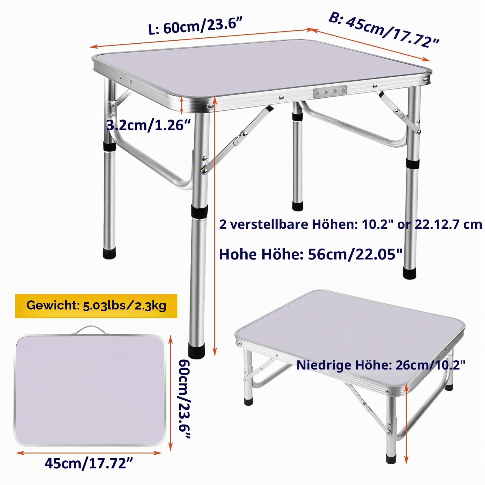 Klapptisch aus Aluminium, 60 cm, tragbar, für Camping, Picknick, Outdoor, Gartentisch für Grillparty, Schreibtisch, PC-Arbeitsplatz, platzsparend, kompakt, zusammenklappbar, höhenverstellbar