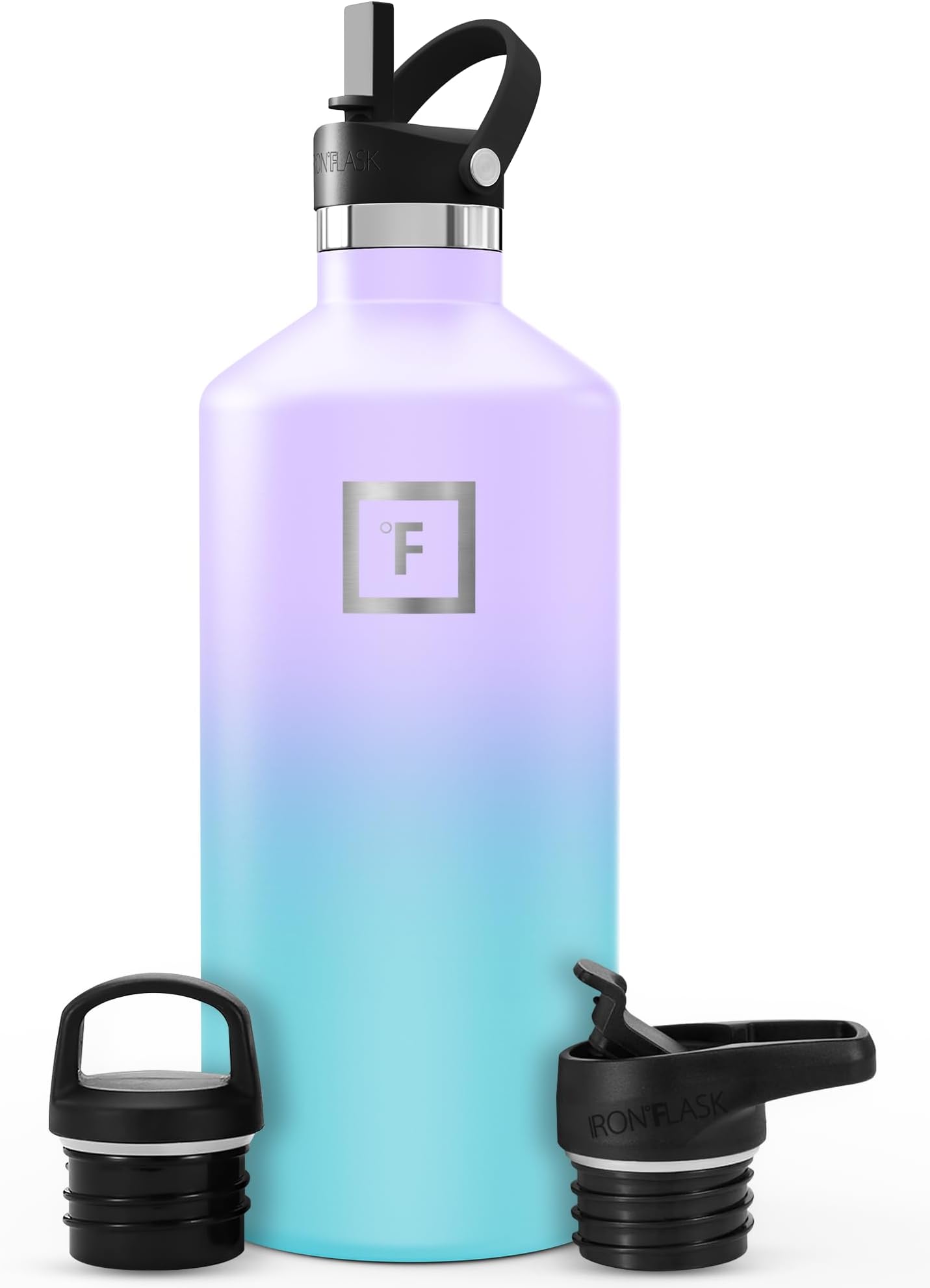 IRON °FLASK Sports Water Bottle - 64 Oz, 3 Lids (Straw Lid), Leak Proof, Vacuum Insulated Stainless Steel, Hot Cold, Double Walled, Thermo Mug, Standard Metal Canteen