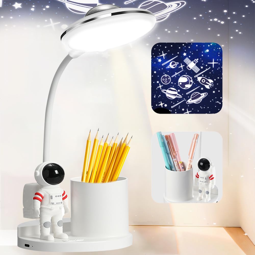 Kinder Schreibtischlampe mit Stifthalter, Niedliche LED Schreibtisch Tischlampe Tischleuchte Kinder Studienlampe mit Projektor,Nachttischlampe Tisch Kinderlampe Tischlampen Leselampe Nachttisch