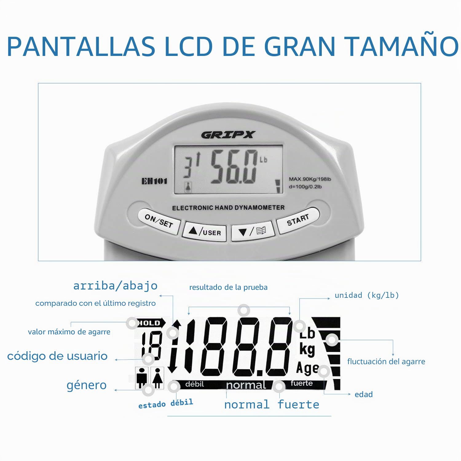 Dinamómetro de Mano Digital Medidor de Fuerza de Agarre automático, probador de Fuerza de Poder de Agarre electrónico de 90 kg