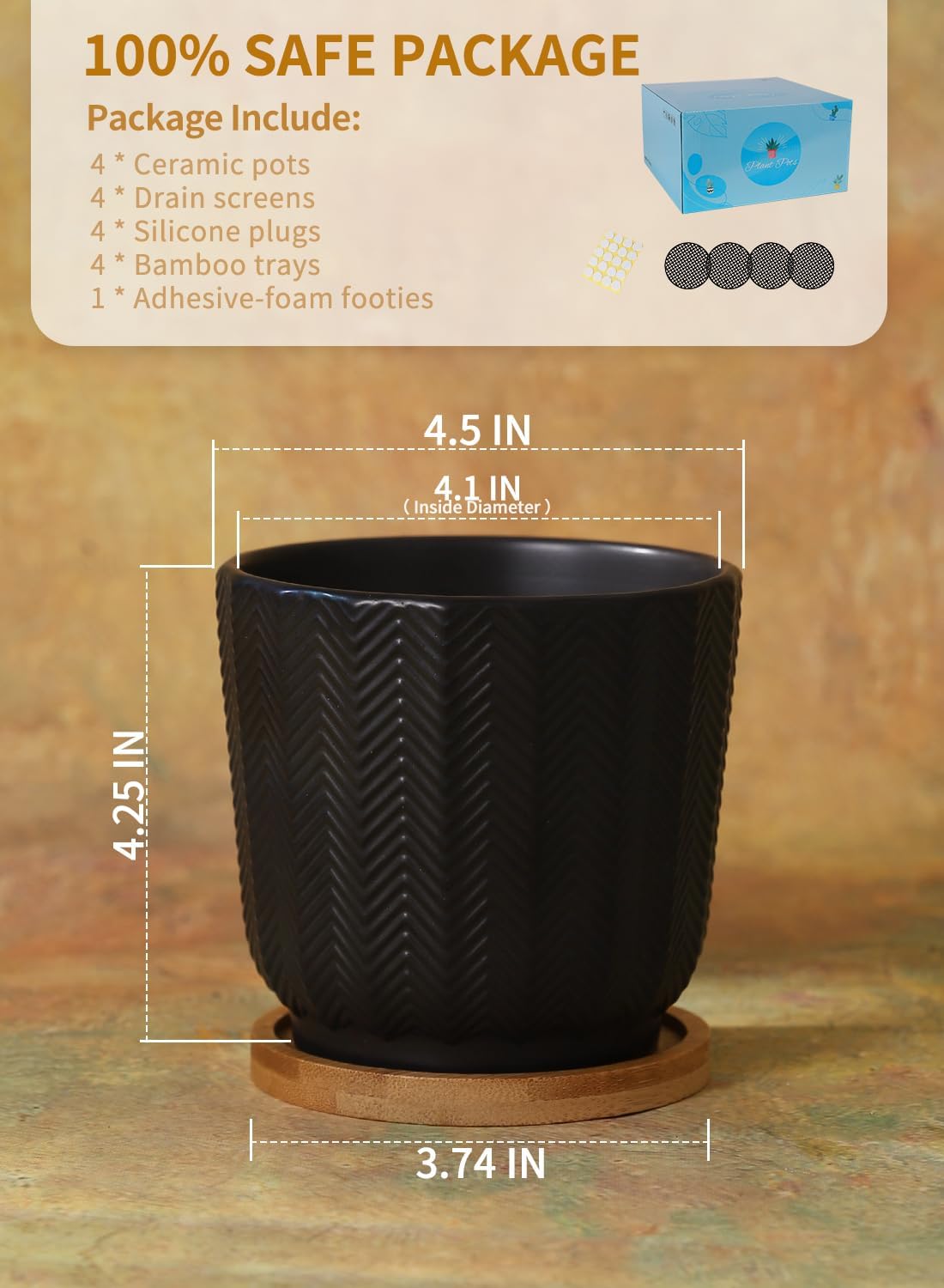 OMAYKEY 4.5 Inch Plant Pots with Saucer, Ceramic Black Planters Pots with Drainage Hole and Mesh Pads for Succulent, Cactus, Herbs - 4 Packs(Plant Not Included)